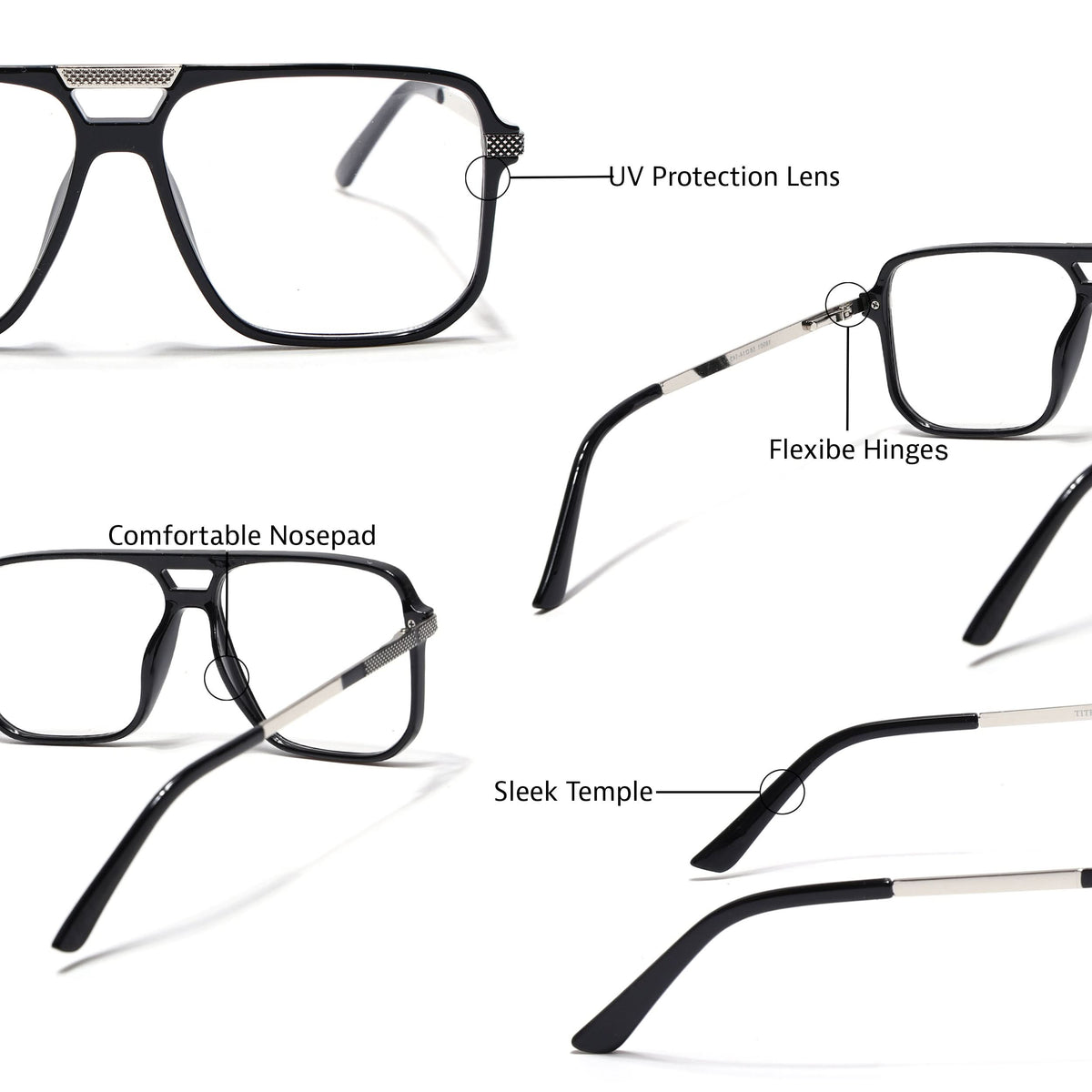 EyeJack Titex Shine Black & Silver Wayfarer Eyeglasses for Men & Women (18901CL250-C2)