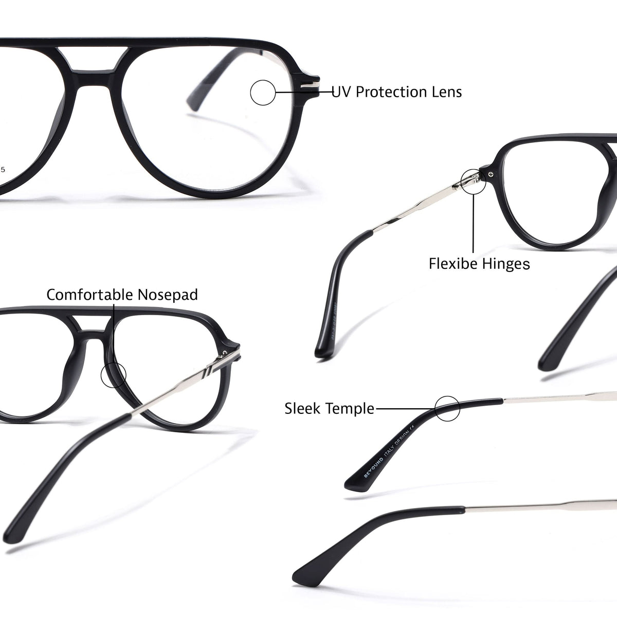 EyeJack Titex Matt Black & Silver Wayfarer Eyeglasses for Men & Women (18903CL348-C1)