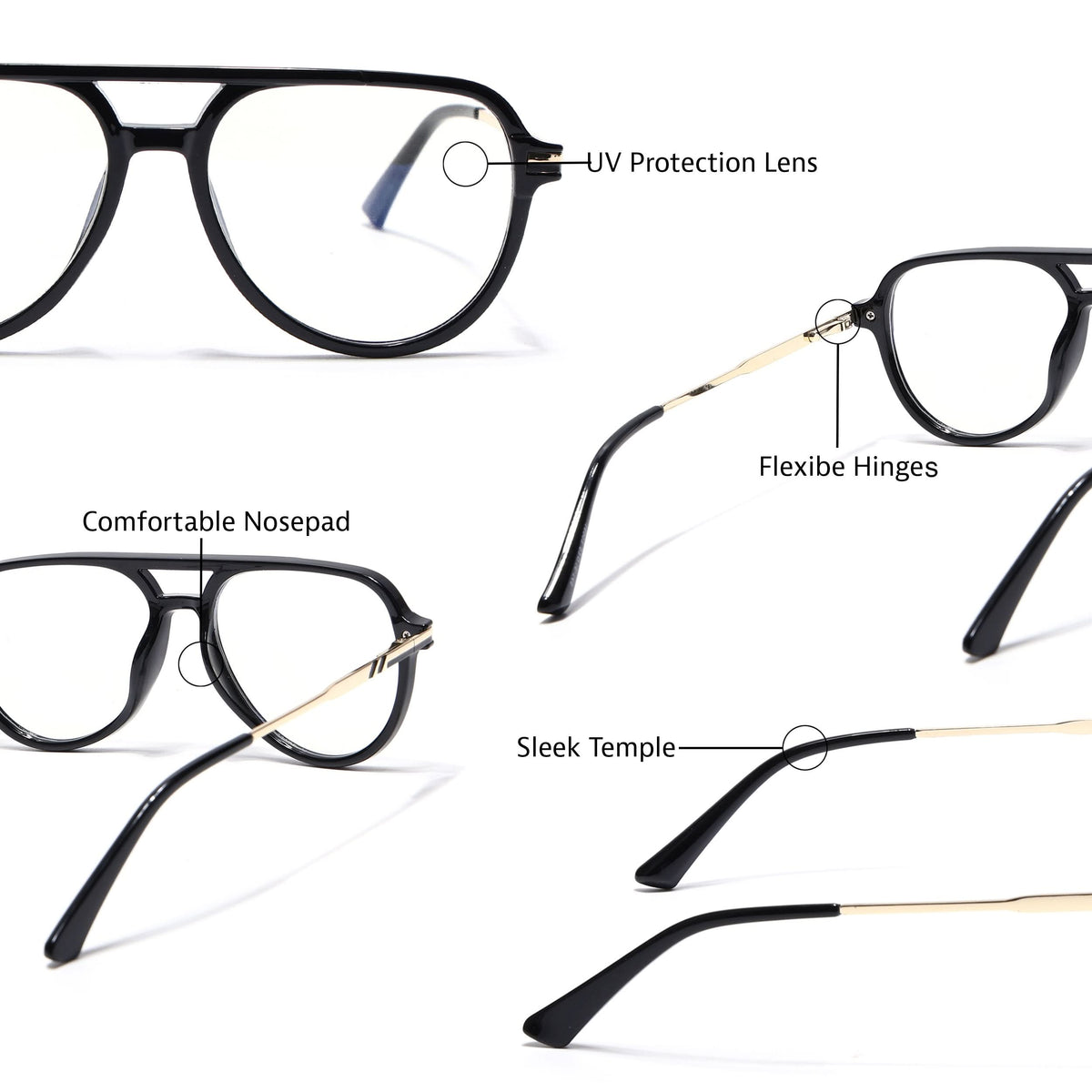 EyeJack Titex Shine Black & Golden Wayfarer Eyeglasses for Men & Women (18903CL350-C3)