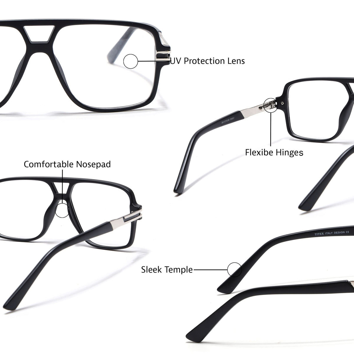 EyeJack Titex Matt Black & Silver Wayfarer Eyeglasses for Men & Women (18905CL281-C1)