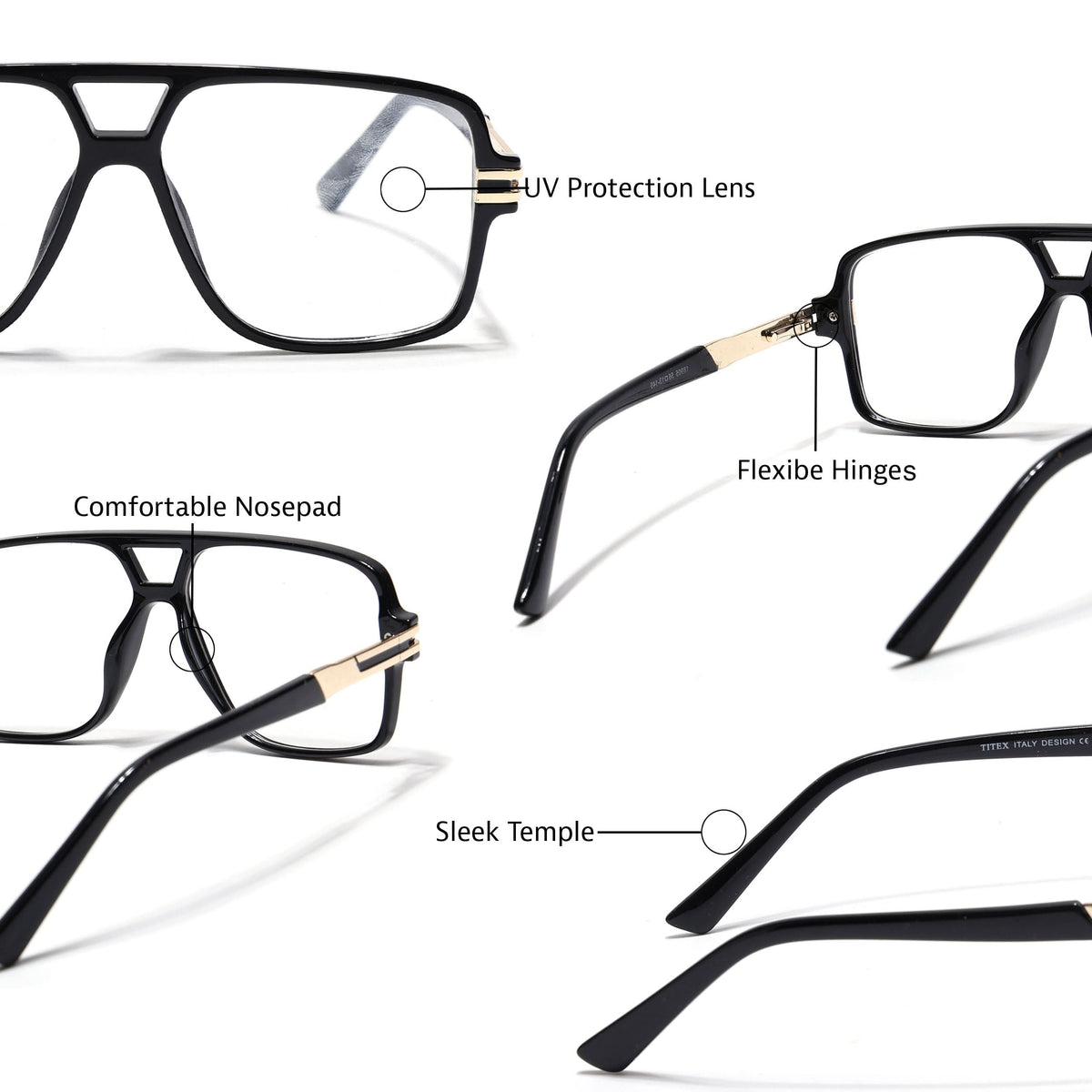 EyeJack Titex Shine Black & Golden Wayfarer Eyeglasses for Men & Women (18905CL283-C3)