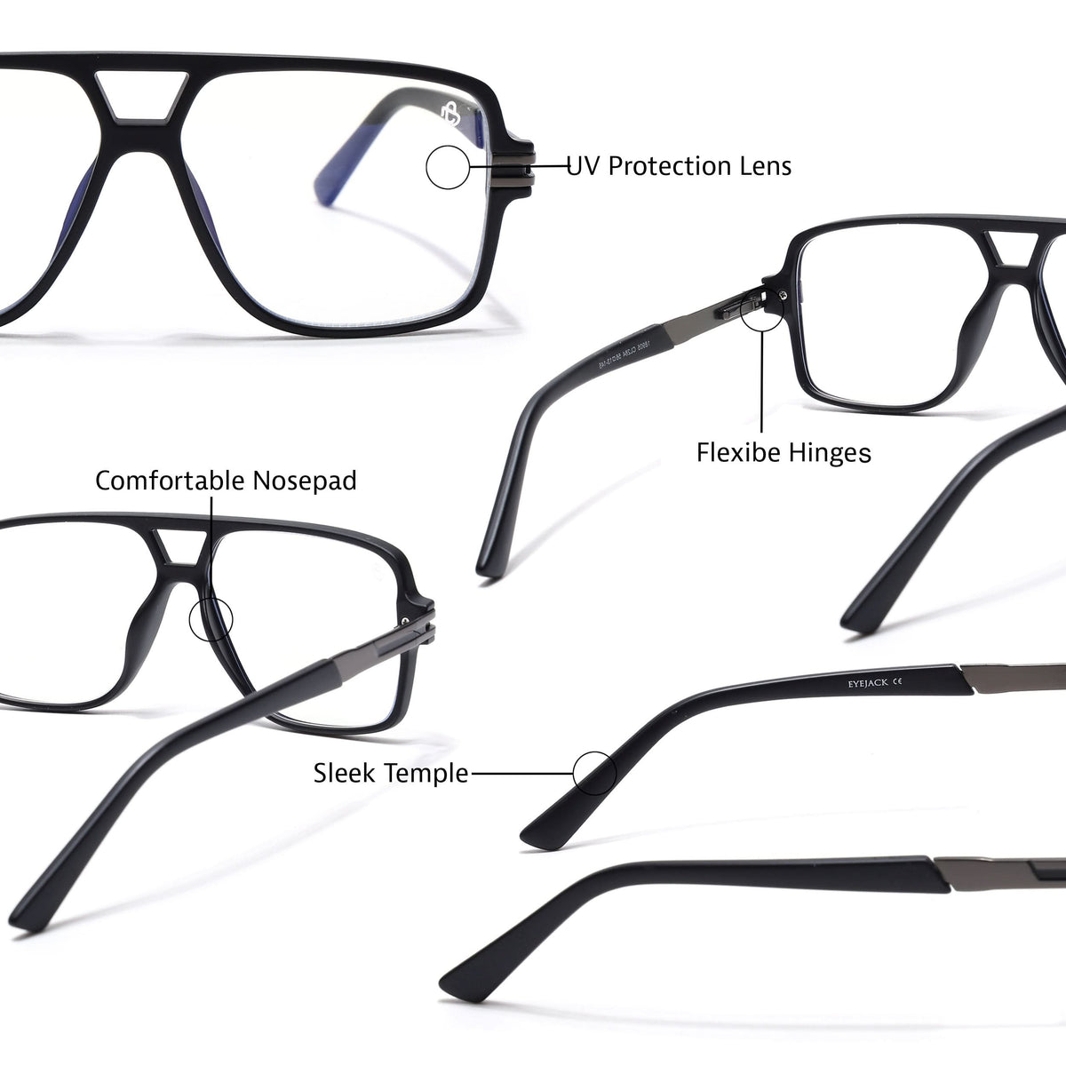 EyeJack Titex Matt Black & Grey Wayfarer Eyeglasses for Men & Women (18905CL284-C4)