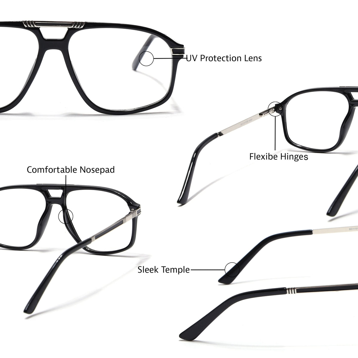 EyeJack Titex Shine Black & Silver Aviator Eyeglasses for Men & Women (18906CL293-C2)