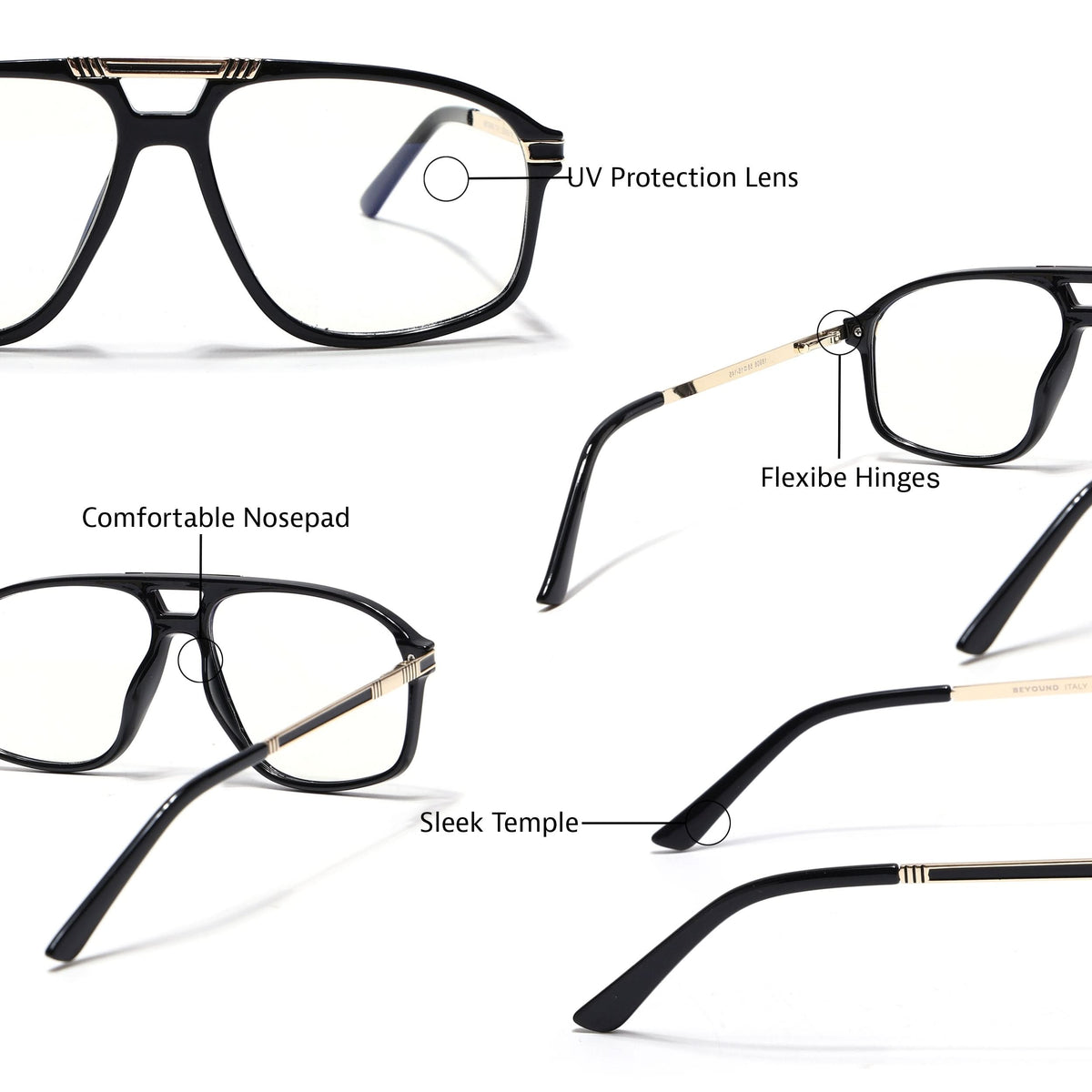 EyeJack Titex Shine Black & Golden Aviator Eyeglasses for Men & Women (18906CL294-C3)