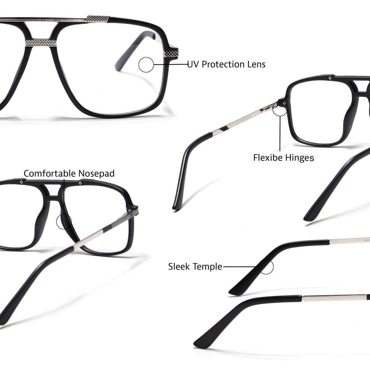 EyeJack Titex Matt Black & Silver Wayfarer Eyeglasses for Men & Women (18907CL303-C1)