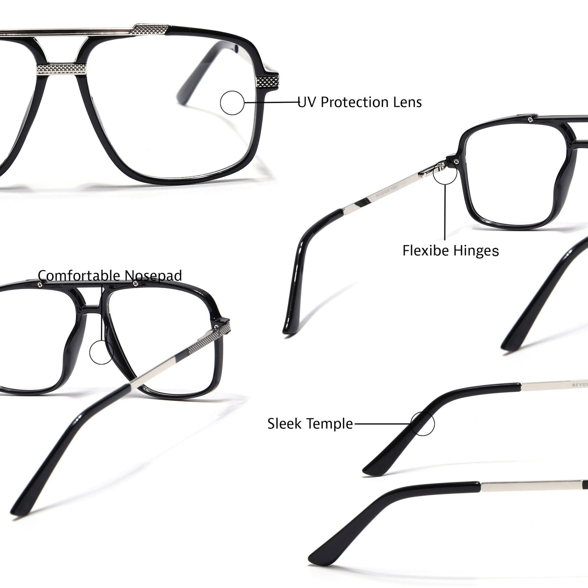 EyeJack Titex Shine Black & Silver Wayfarer Eyeglasses for Men & Women (18907CL304-C2)
