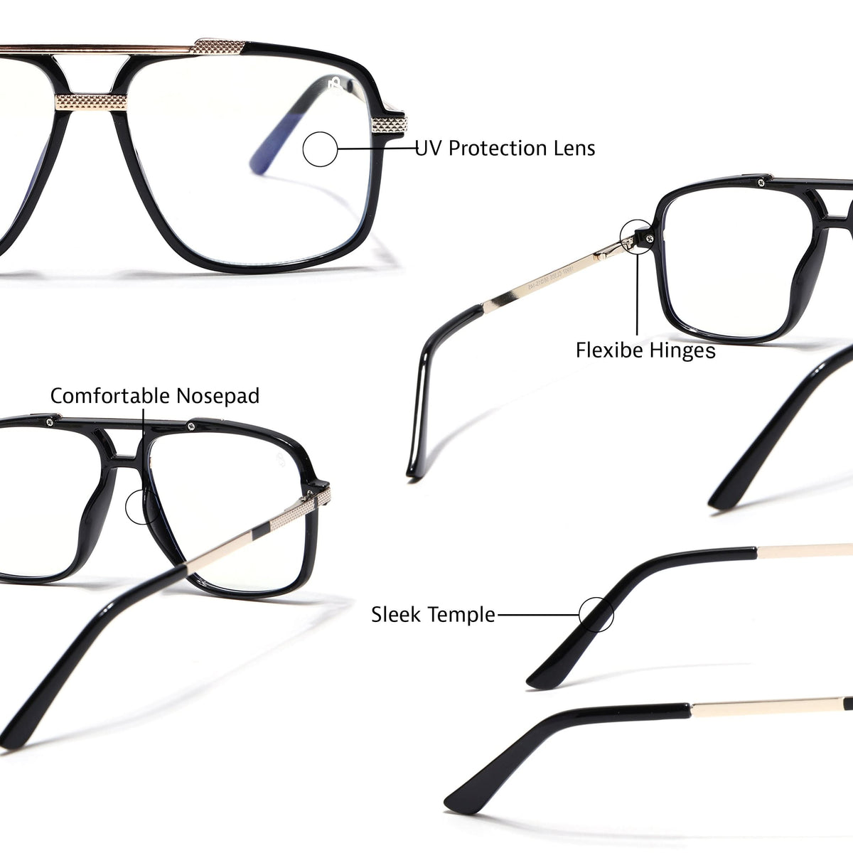 EyeJack Titex Shine Black & Golden Wayfarer Eyeglasses for Men & Women (18907CL305-C3)