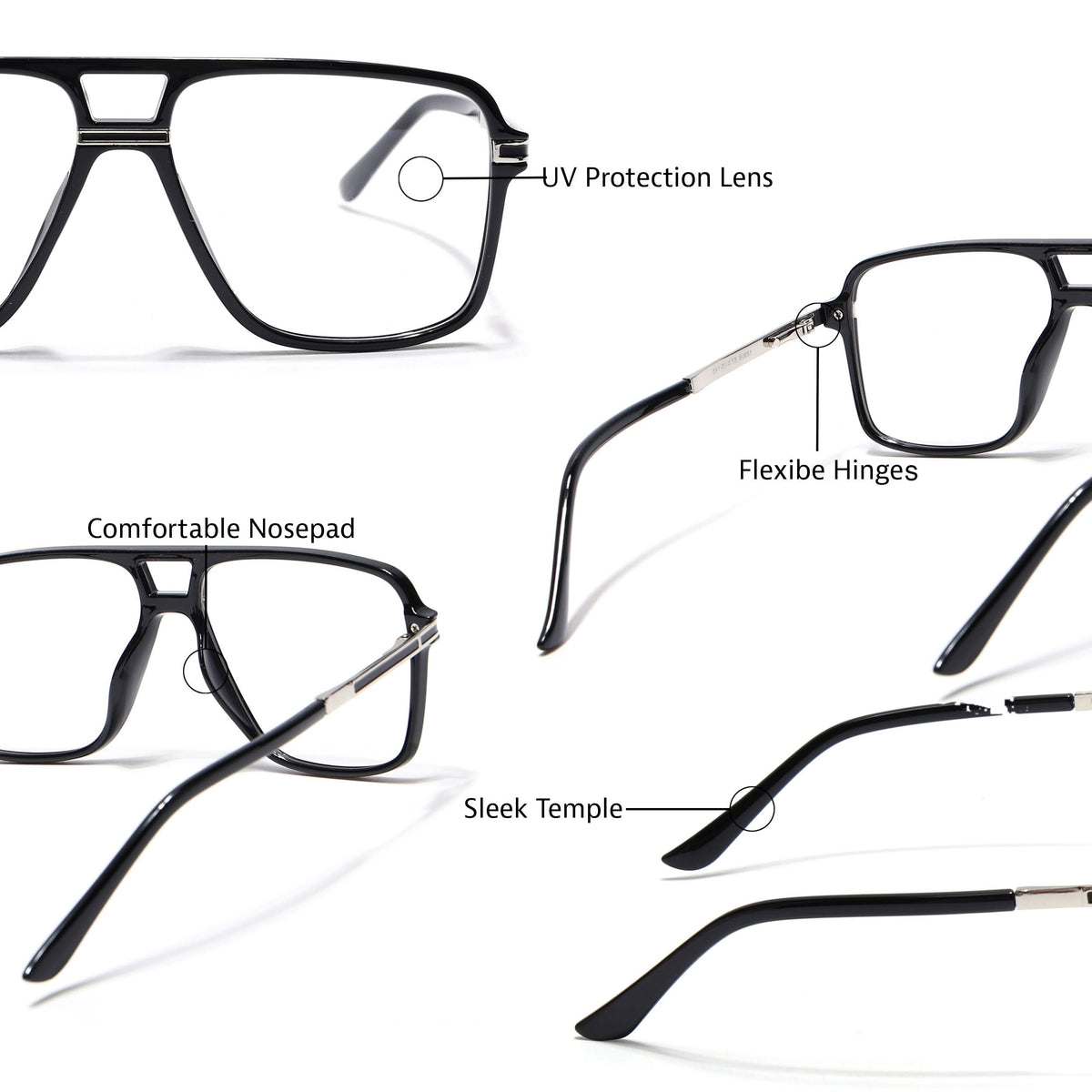 EyeJack Titex Shine Black & Silver Wayfarer Eyeglasses for Men & Women (18908CL315-C2)