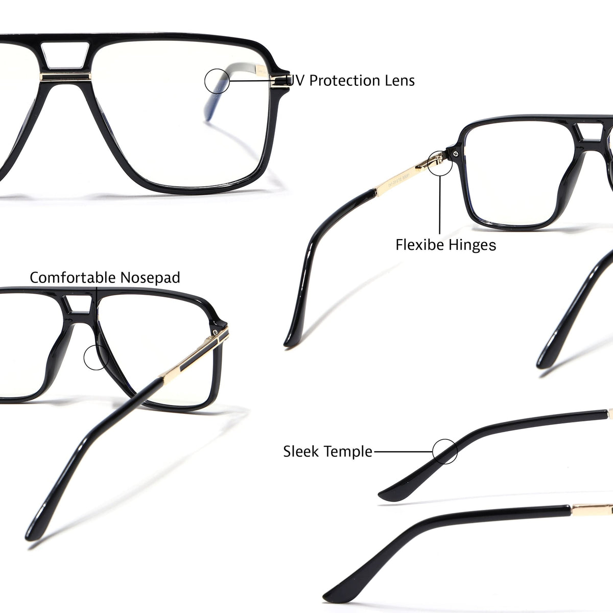 EyeJack Titex Shine Black & Golden Wayfarer Eyeglasses for Men & Women (18908CL316-C3)