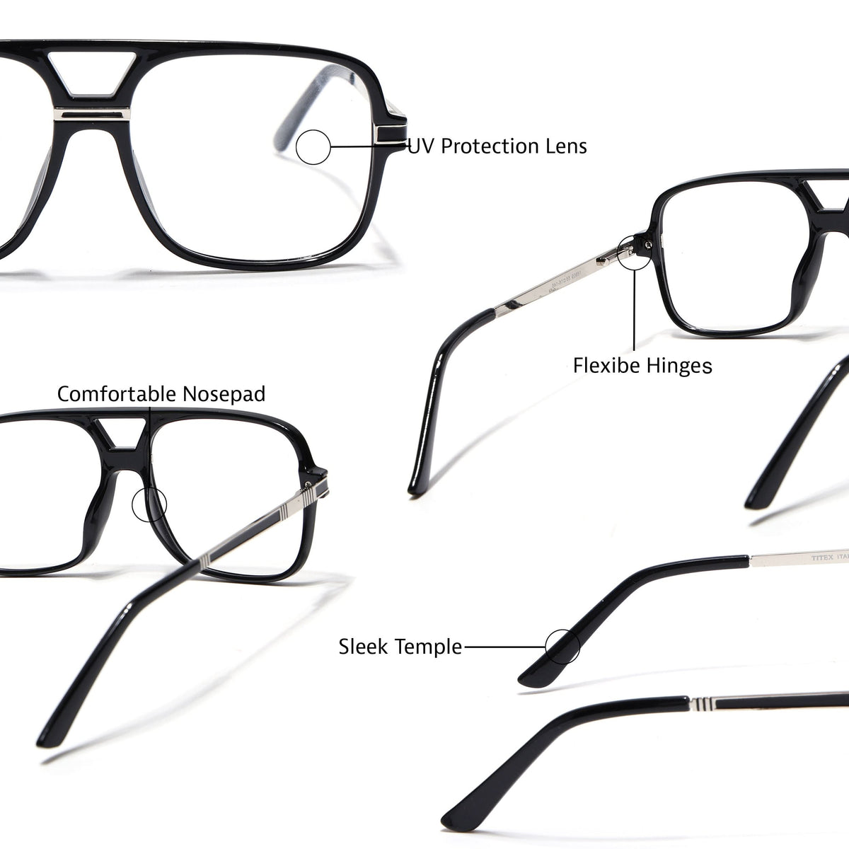EyeJack Titex Shine Black & Silver Wayfarer Eyeglasses for Men & Women (18909CL326-C2)