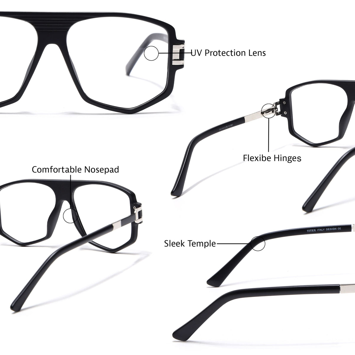 EyeJack Titex Matt Black & Silver Wayfarer Eyeglasses for Men & Women (18910CL336-C1)