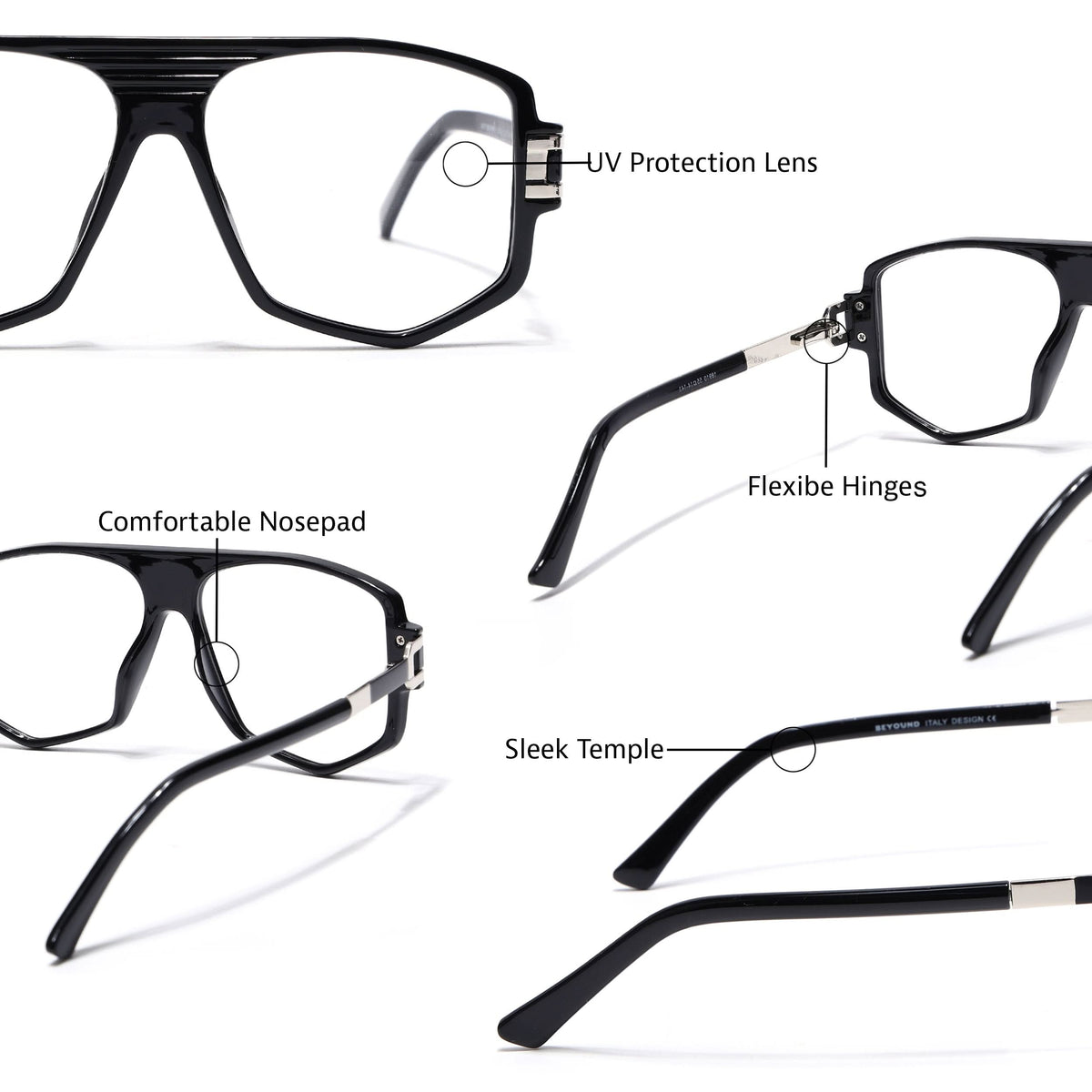 EyeJack Titex Shine Black & Silver Wayfarer Eyeglasses for Men & Women (18910CL337-C2)