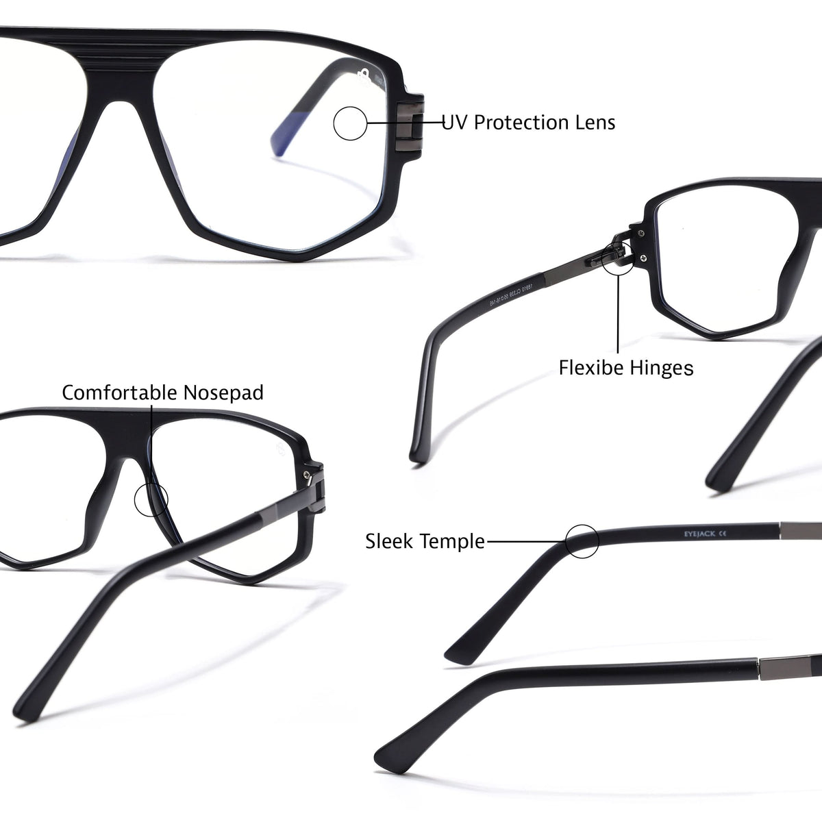 EyeJack Titex Matt Black & Grey Wayfarer Eyeglasses for Men & Women (18910CL339-C4)