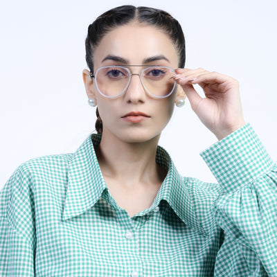 Eyejack Aura Silver & Transparent Wayfarer Eyeglasses for Men & Women (19002FCL1957-C6)