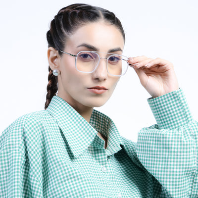 Eyejack Aura Silver & Transparent Wayfarer Eyeglasses for Men & Women (19004FCL1969-C6)