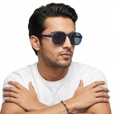 Eyejack Blue Hexagonal Sunglasses for Men & Women (5611CL1039)