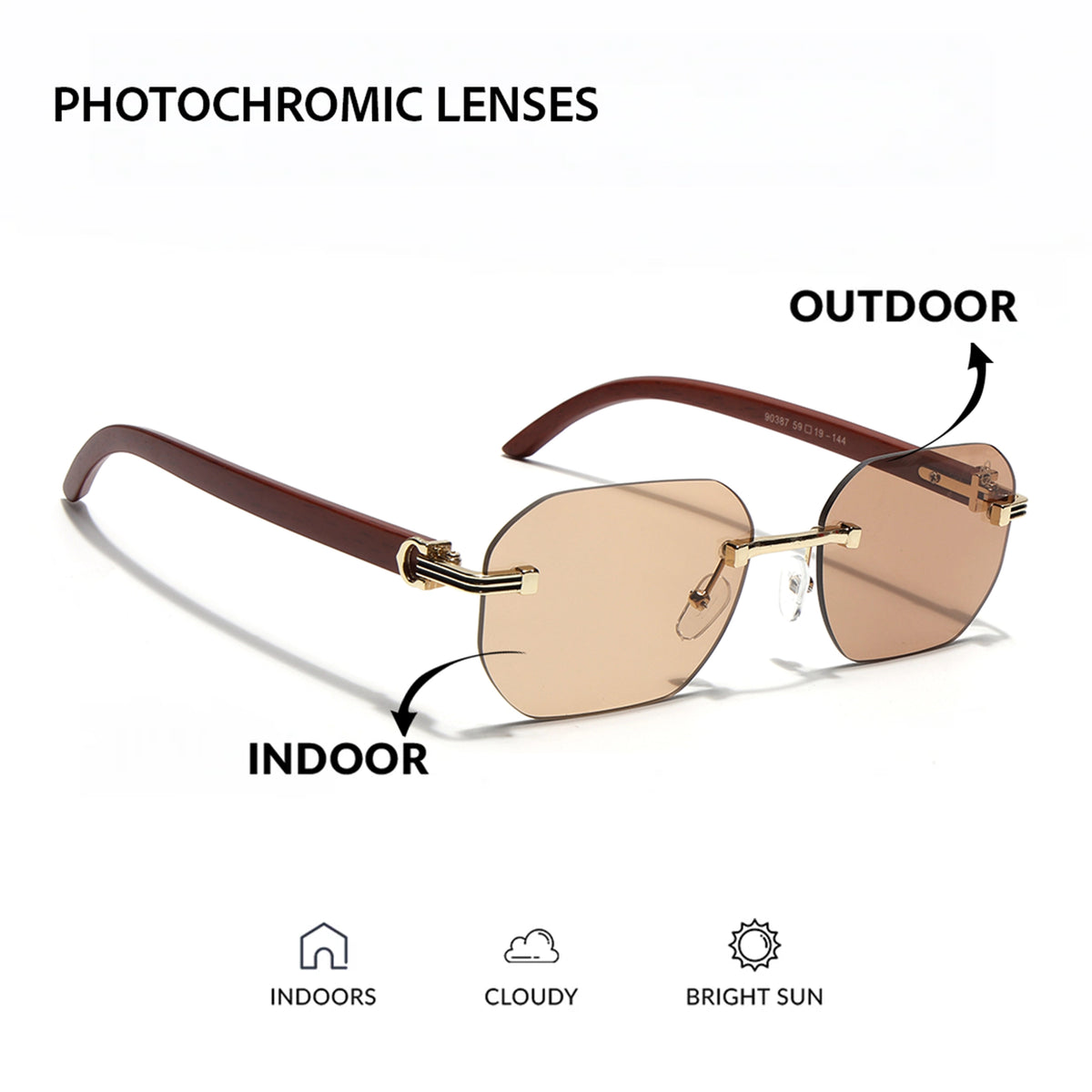 Eyejack Reflex Photochromic Golden Rimless Sunglasses for Men & Women (90387CL2515)