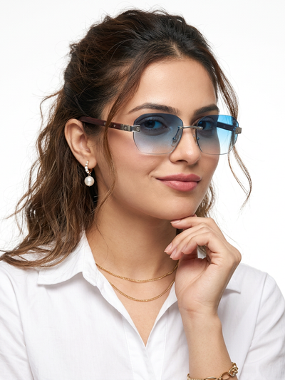 Essence Amber - Silver Rimless Sunglasses I Blue Lens - 9807CL2546