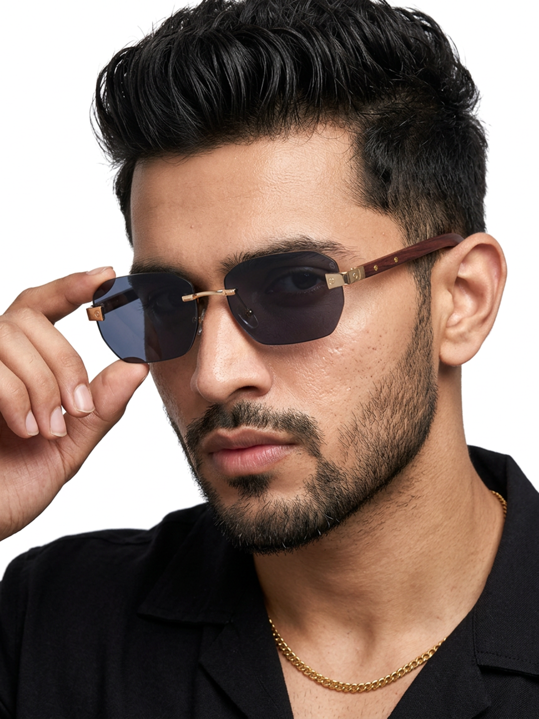 Essence Amber - Golden Rimless Sunglasses I Black Lens - 9807CL2547