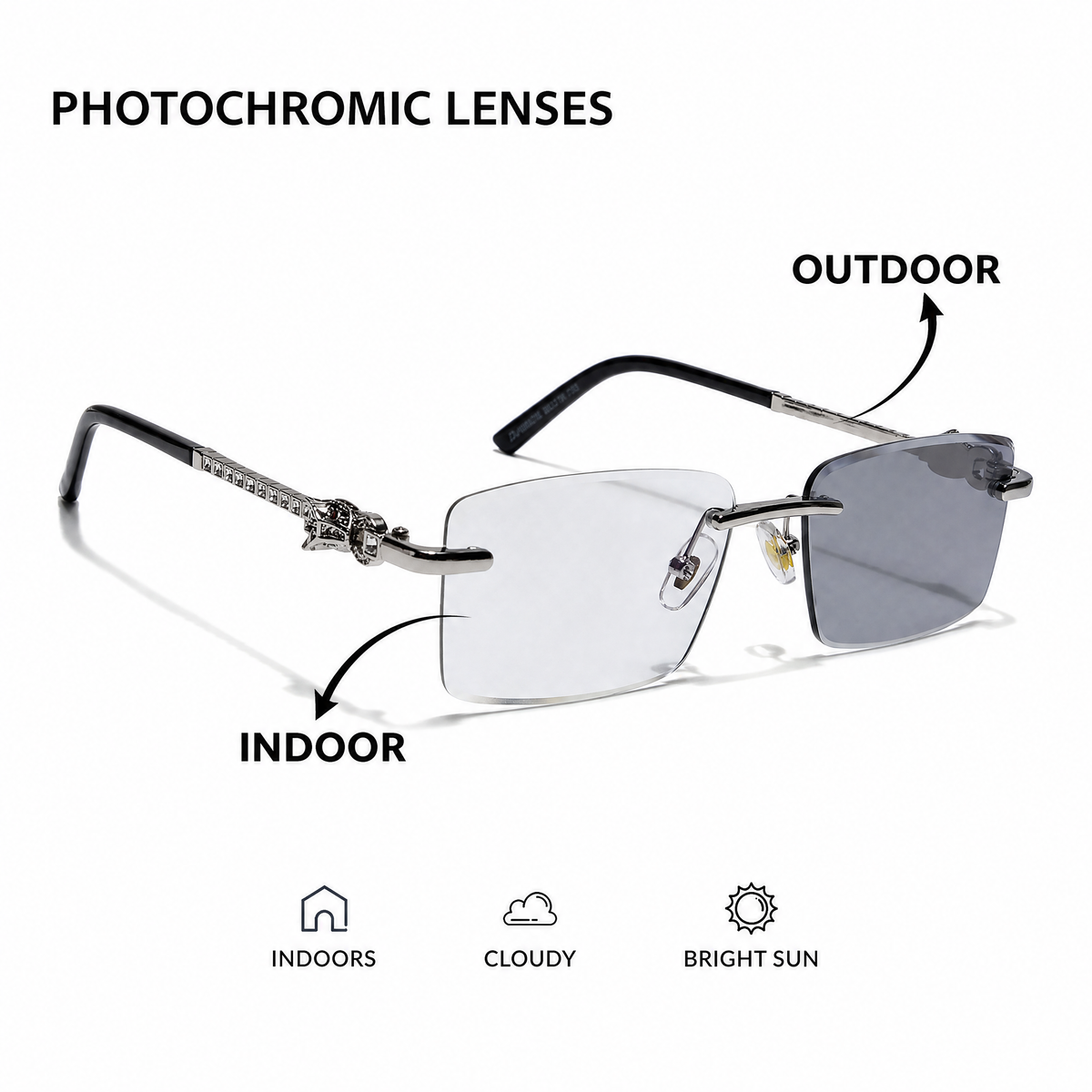 Eyejack Reflex Photochromic Silver Rimless Eyeglasses for Men & Women (ZX98537BFCL2523)