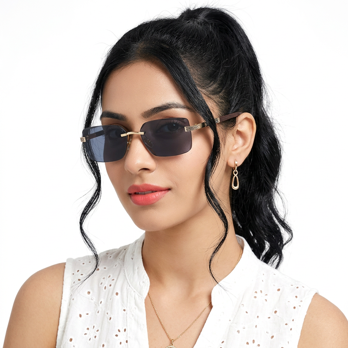 Essence Noble - Golden Rimless Sunglasses I Black Lens - ZX98512CL2555