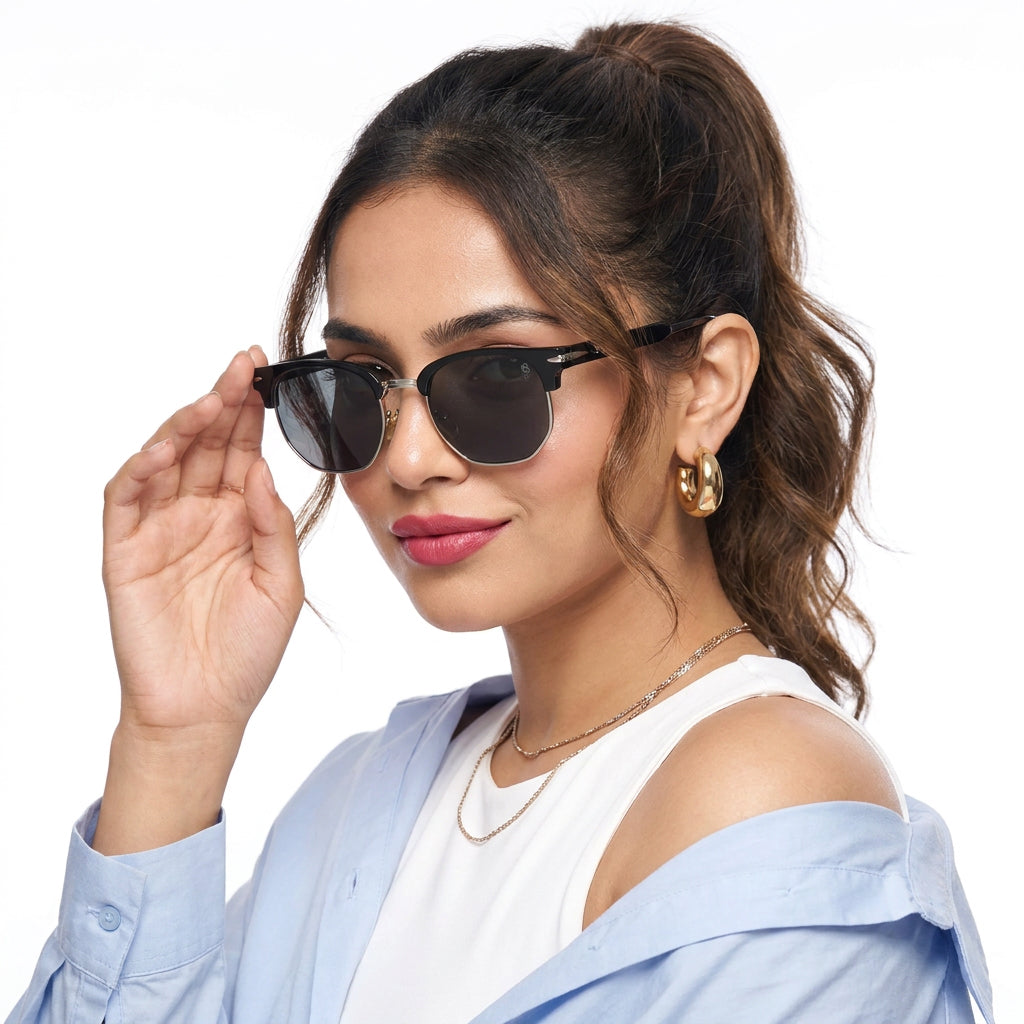 Eyejack Black & Silver Hexagonal Sunglasses for Men & Women (2392CL1091)