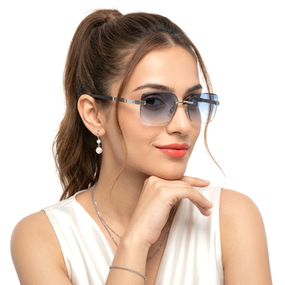 Essence Noble - Silver Rimless Sunglasses I Blue Lens - ZX98512CL2554