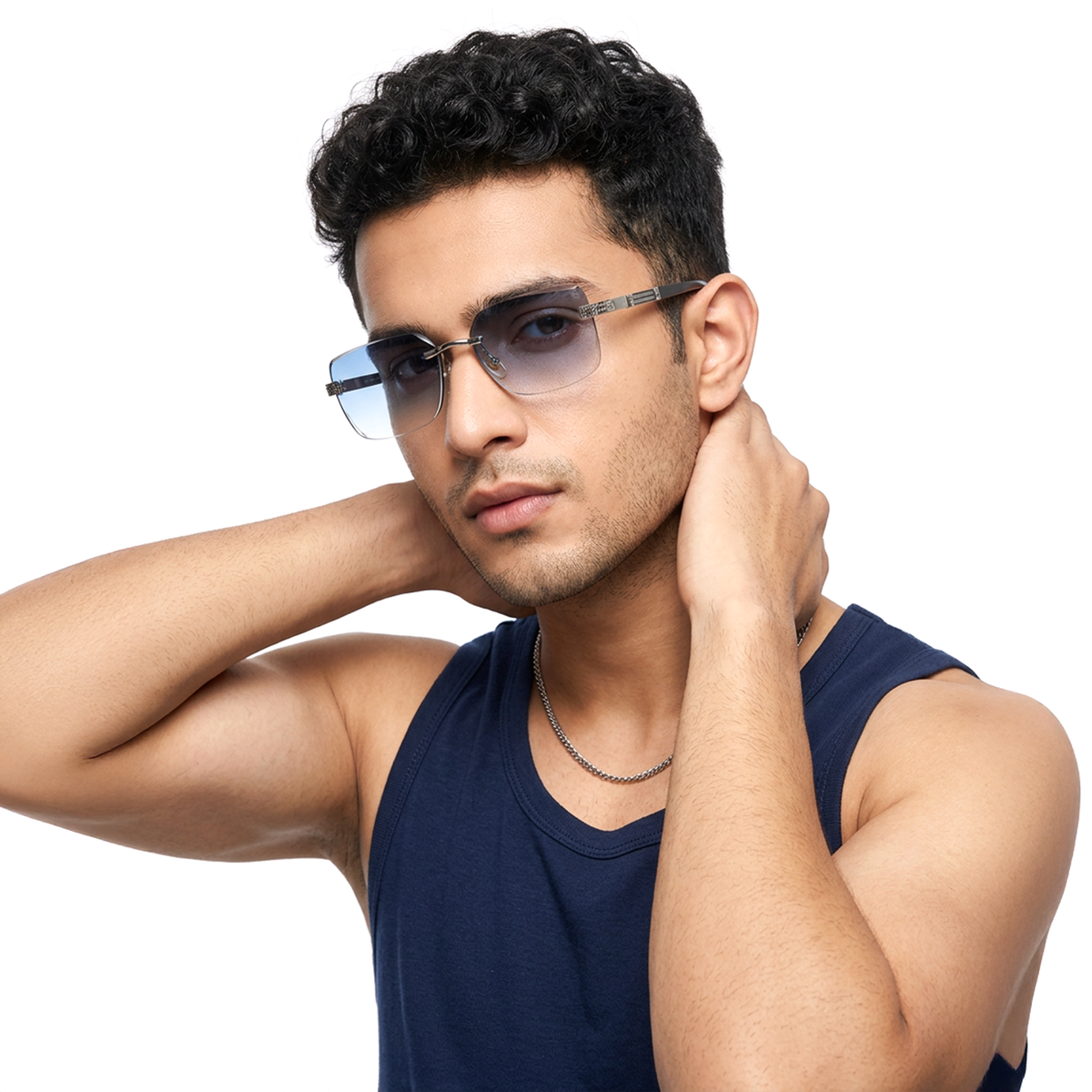 Essence Noble - Silver Rimless Sunglasses I Blue Lens - ZX98512CL2554
