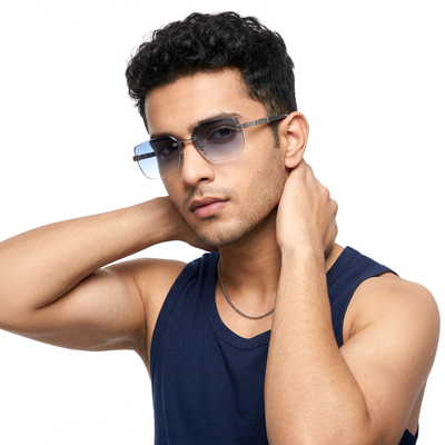 Essence Noble - Silver Rimless Sunglasses I Blue Lens - ZX98512CL2554
