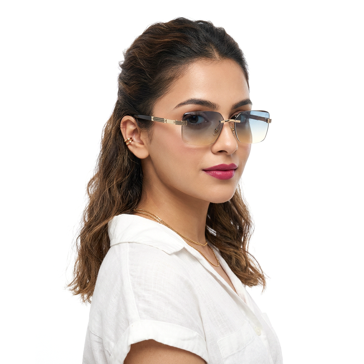 Essence Noble - Golden Rimless Sunglasses I Blue & Brown Lens - ZX98512CL2557